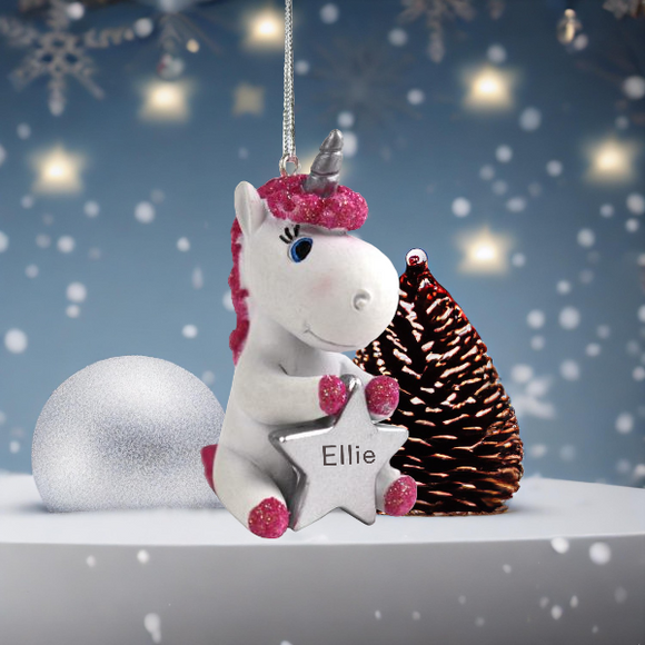 Personalised Cute Unicorn Christmas Decoration Ornament Bauble with name