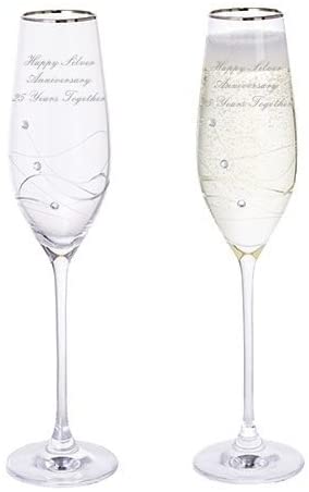 Dartington Silver Anniversary Glitz Pair of Champagne Flutes Glasses with Crystals & Silver Rim - 25 Years Together