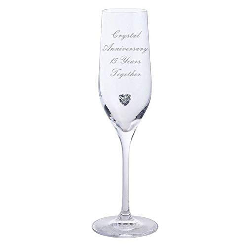 Chichi Gifts 2 Crystal Anniversary 15 Years Together Pair of Dartington Champagne Flutes Glasses with Crystal Heart Gem
