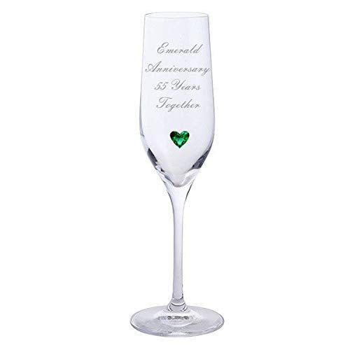 Chichi Gifts 2 Emerald Anniversary 55 Years Together Pair of Dartington Champagne Flutes Glasses with Emerald Heart Gem