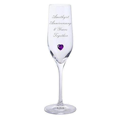 Chichi Gifts 2 Amethyst Anniversary 6 Years Together Pair of Dartington Champagne Flutes Glasses with Amethyst Heart Gem