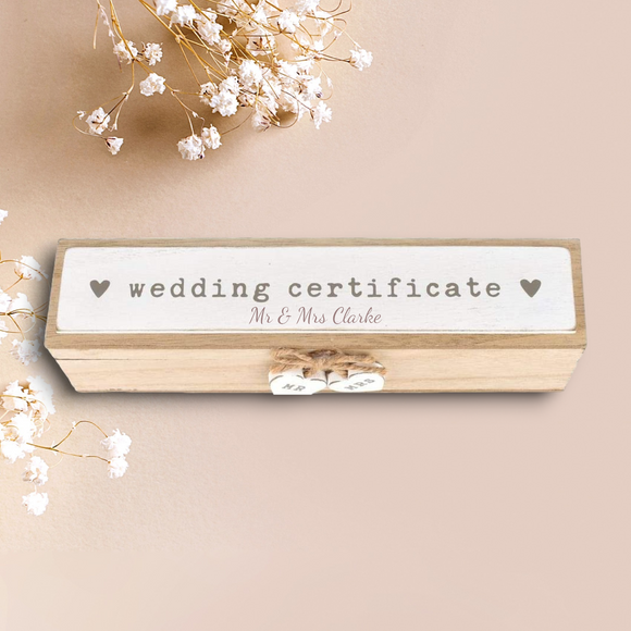 Personalised Love Story Wooden Wedding Day Marriage Certificate Holder Box with Hearts
