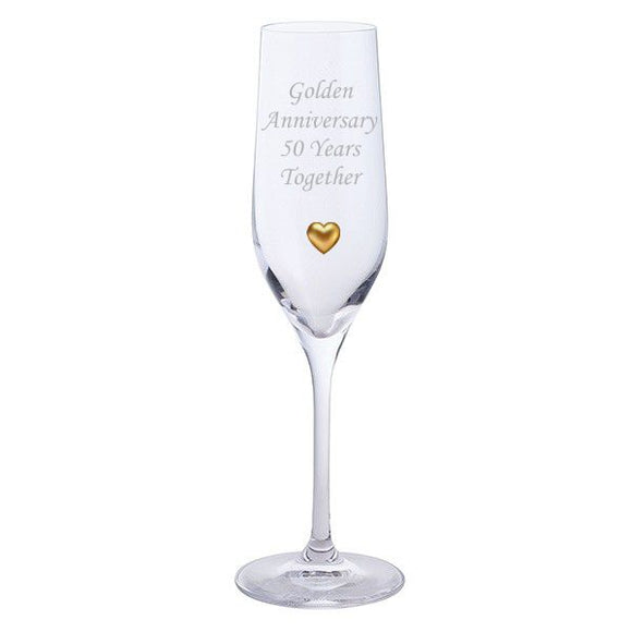 Dartington 2 Golden Anniversary 50 Years Together Pair of Champagne Flutes Glasses with Golden Heart Gem