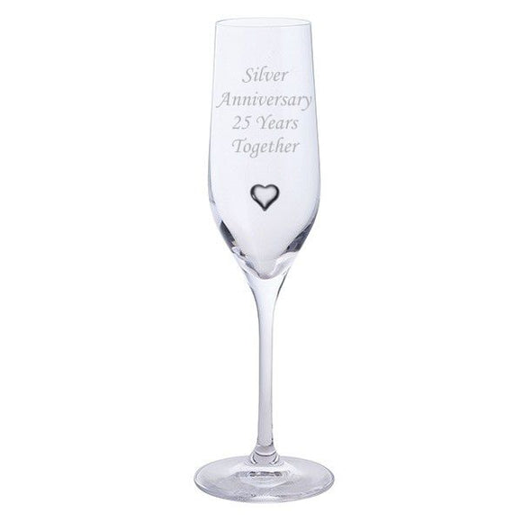 Dartington 2 Silver Anniversary 25 Years Together Pair of Champagne Flutes Glasses with Silver Heart Gem