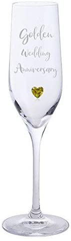 Golden Wedding Anniversary Pair of Dartington Crystal Champagne Glasses with Gold Heart Gem