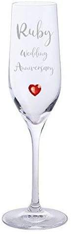 Ruby Wedding Anniversary Pair of Dartington Crystal Champagne Glasses with Ruby Heart Gem