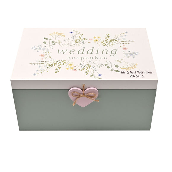 Personalised Love Story Wildflower Wedding Keepsake Box | Wooden Memory Storage Box with Floral Design & Heart Charm | Romantic Gift for Bride, Couple or Newlyweds