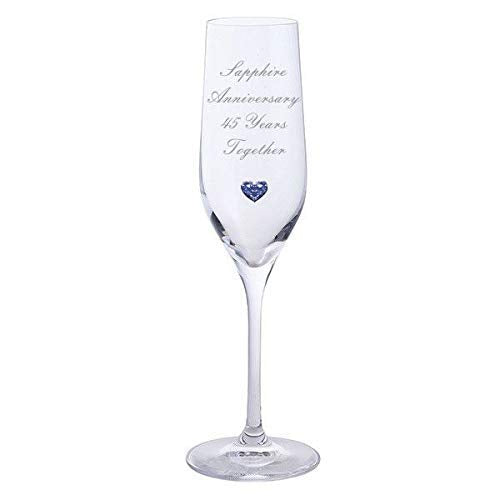 Chichi Gifts 2 Sapphire Anniversary 45 Years Together Pair of Dartington Champagne Flutes Glasses with Sapphire Heart Gem
