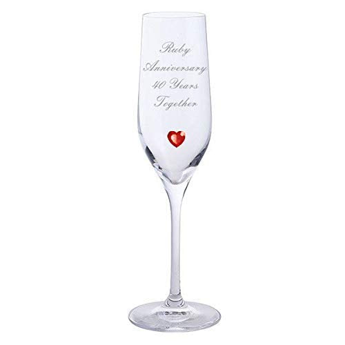 Chichi Gifts 2 Ruby Anniversary 40 Years Together Pair of Dartington Champagne Flutes Glasses with Ruby Heart Gem