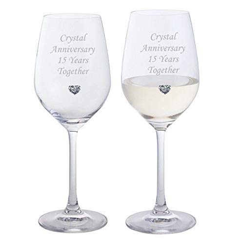 Chichi Gifts 2 Crystal Anniversary 15 Years Together Pair of Dartington Crystal Wine Glasses with Crystal Heart Gem