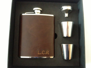 Personalised 6oz Brown Leather Hip Flask with 2 Tot Cups & Funnel in Gift Box- Add Name/Initials