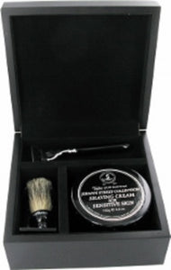 Personalised Black Shaving Gift Set in Wooden Box Mach Razor & Badger Hair Brush with Engraved Box lid