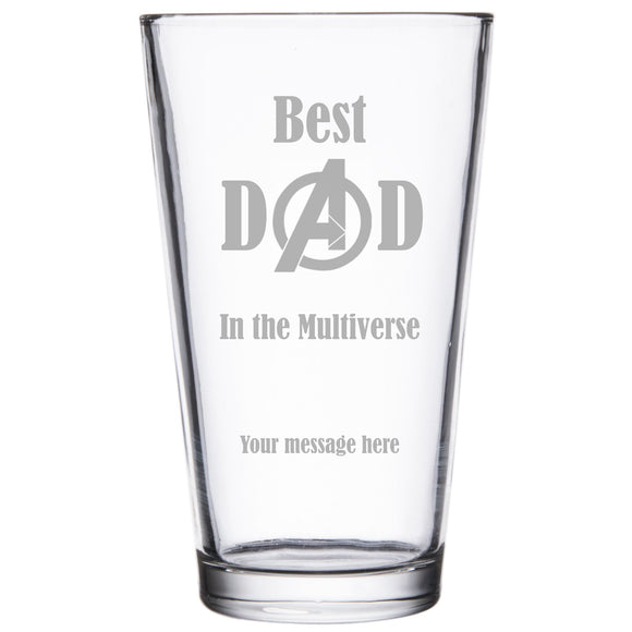 Personalised Avengers Best Dad in The Multiverse Pint Glass with Avengers Sign - Add Your own Message