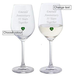 Chichi Gifts Bespoke Anniversary Pair of Dartington Wine Glasses with Crystal Heart Gem