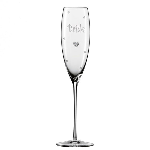 Personalised Wedding Bride Champagne Glass Flute with Crystal Heart, Crystals and Stem Charm