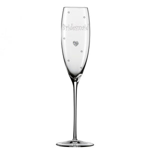 Personalised Wedding Bridesmaid Champagne Glass Flute with Crystal Heart, Crystals and Stem Charm