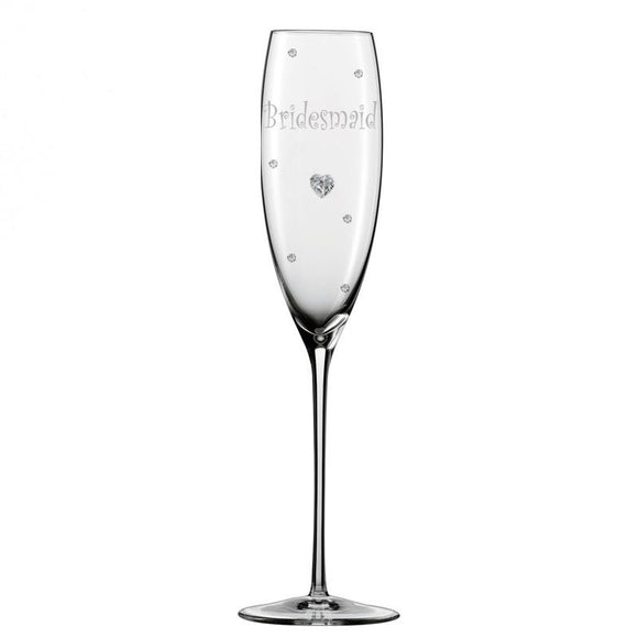 Personalised Wedding Bridesmaid Champagne Glass Flute with Crystal Heart, Crystals and Stem Charm
