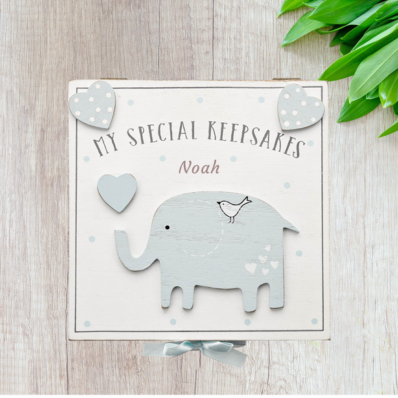 Personalised Baby Boy Blue with Elephant Special Keepsake Box - Add Name