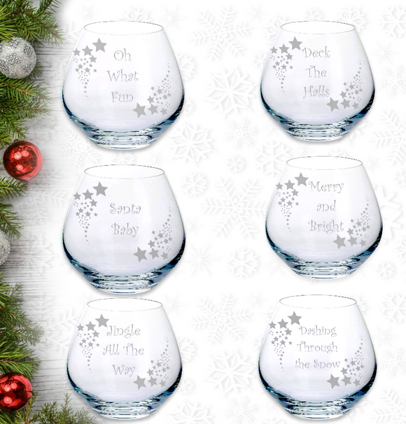 Dartington Christmas Set of 6 Stemless Party Gin & Tonic Copa Glasses with Christmas quotes and Stars