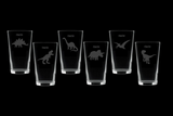 Set of 6 Dinosaur Pint Glasses, Engraved and fully personalised Dinosaur Glasses