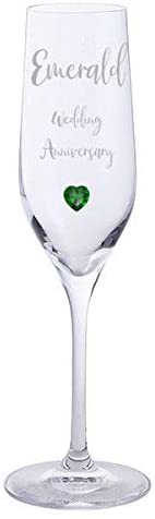 Emerald Wedding Anniversary Pair of Dartington Crystal Champagne Glasses with Emerald Heart Gem