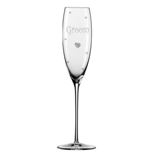 Personalised Wedding Groom Champagne Glass Flute with Crystal Heart, Crystals and Stem Charm