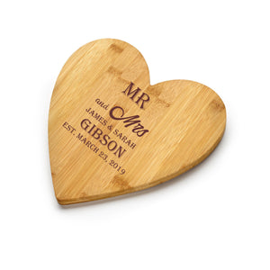 Chichi Gifts Personalised Mr and Mrs Heart Bamboo Chopping Board/Cheeseboard with Names and Date FREE ENGRAVING