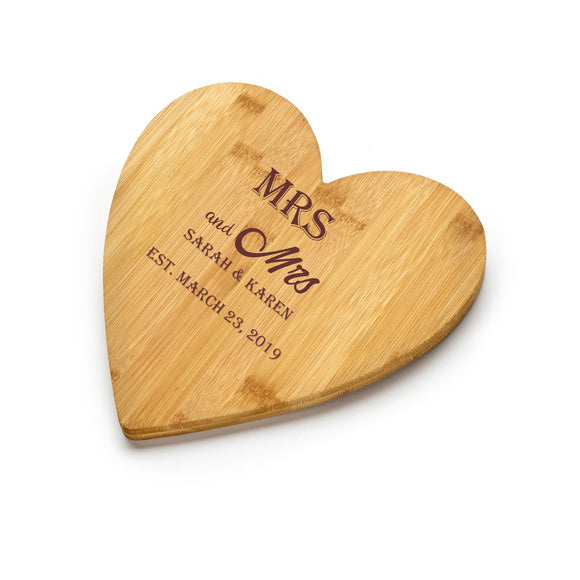 Chichi Gifts Personalised Mrs and Mrs Wedding Heart Bamboo Chopping Board/Cheeseboard with Names and Date FREE ENGRAVING