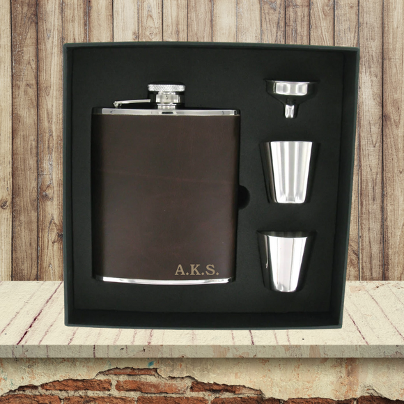 Brown Leather Men's Hip Flask with 2 Tot Cups & Funnel in Gift Box