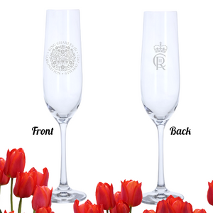 Engraved King Charles III Coronation Dartington Champagne Glass, Front and Back Design, Royal Memorabilia, Royalty